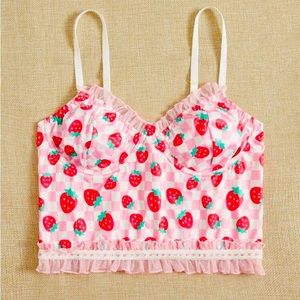 Kawaii Strawberry Plaid Contrast Mesh Bralette, sz L